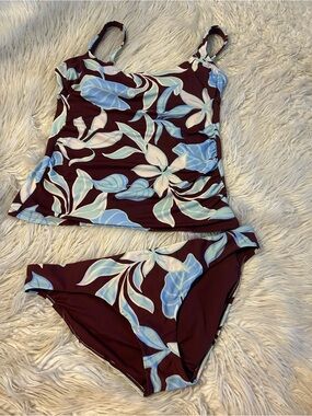 Floral Tankini Set in Maroon and Light Blue